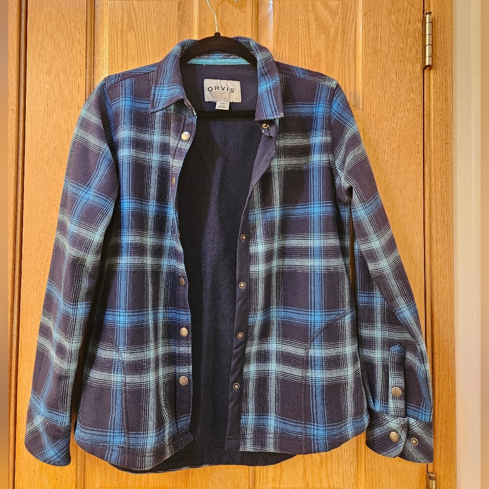 Orvis Navy and Light Blue Plaid Flannel Fleece Shacket